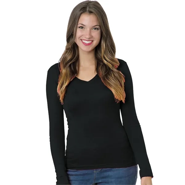 Bayside Women's USA-Made Deep V-Neck Long Sleeve T-Shirt