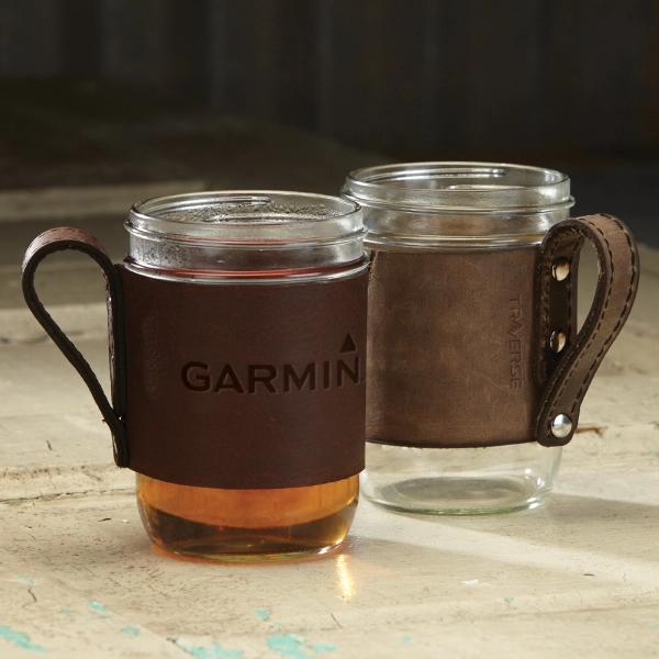 BREWSTER Wide Mouth Mason Jar w/ Leather Handled Sleeve